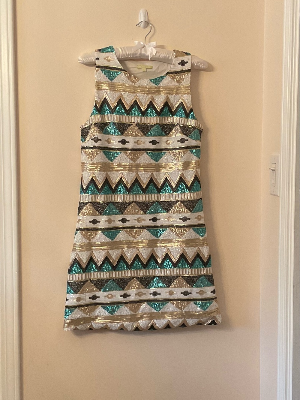 Homecoming Tribal Print Gianni Bini Teal Gold White Sequin Bodycon Mini Dress